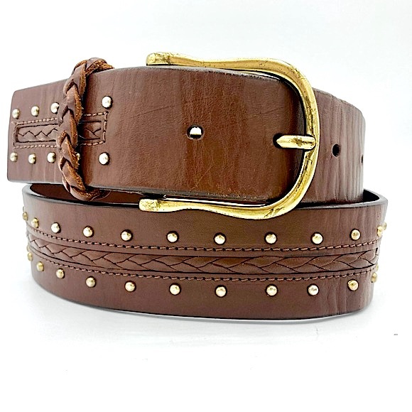Talbots Accessories - Talbots Brown Leather Studded and Braided Belt with Brass Tone Hardware, Medium